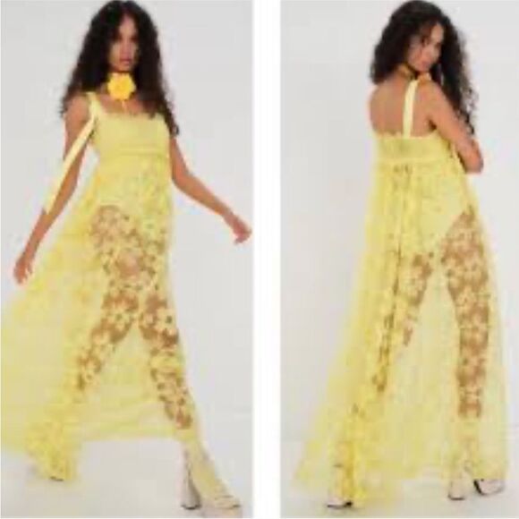 For Love & Lemons Emma Yellow Daisy Floral Sheer Maxi Dress NWT - Picture 5 of 6